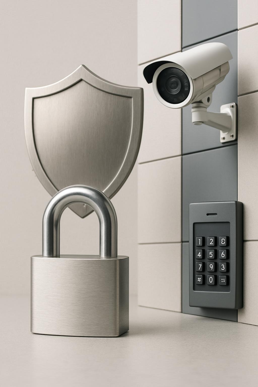 This image depicts various security items such as a metal shield, a closed padlock, a keypad, and a fitting for an outside...